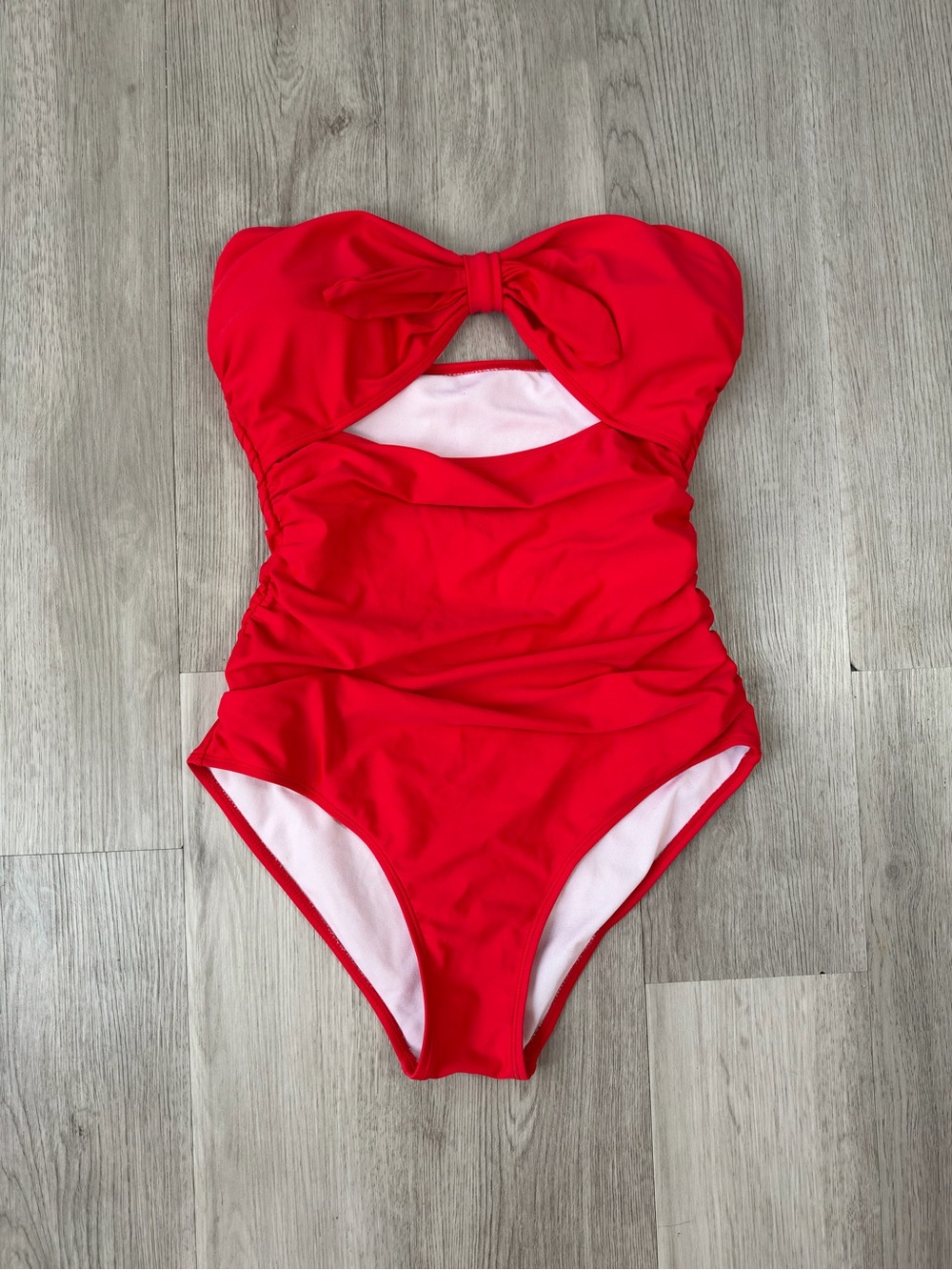 Red Strapless Bandeau Ruched Bow One Piece Swimsuit Women’s M